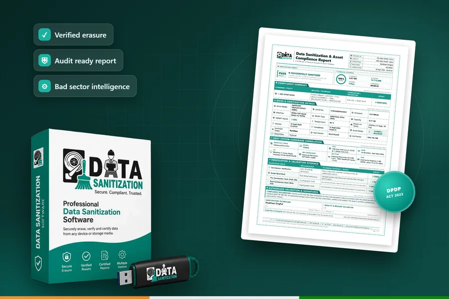 Data Sanitization Pro software box and a DSP-DPDP India erasure certificate marked DPDP Act 2023